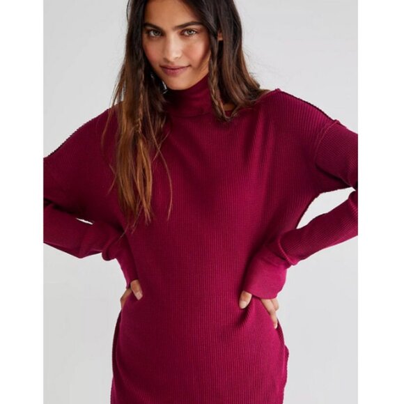 NEW Free People Just For You Cutout Shoulder Mock Neck Thermal Top Wine $98 S - Picture 2 of 11